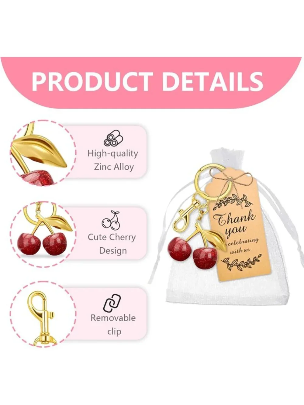 48PCS Cherry Keychains Bulk Charm Accessories for Women, Cute Purse Keyrings